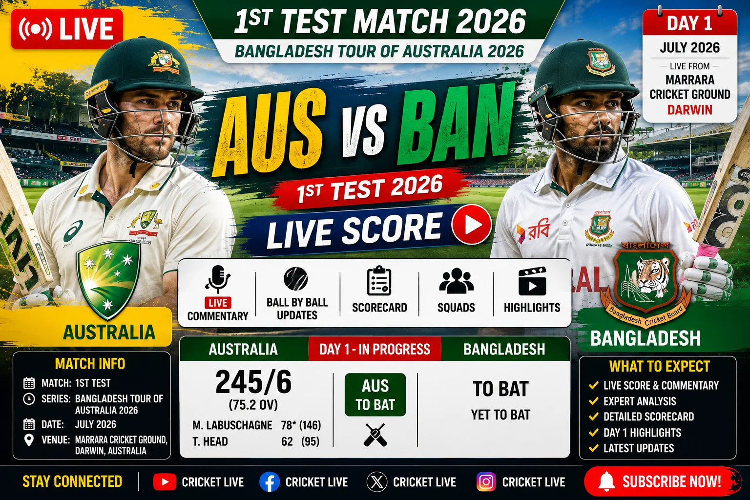AUS vs BAN 1st Test 2026 Live Score & Commentary